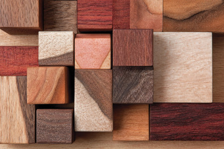 An assortment of wooden blocks, each showing unique wood grains and hues, arranged in a visually engaging composition. The blocks vary in color from light to dark, with visible textures. This image could be useful for illustrating concepts related to design, craft, or construction. It is suitable for commercial and editorial purposes.の素材