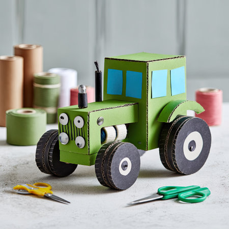 A handmade green cardboard tractor model is displayed indoors. It showcases a detailed construction with visible glue, featuring black wheels and small blue window inserts. The composition includes sewing spools and scissors, suggesting a crafting activity. This image could be used for educational materials or illustrating DIY projects.の素材