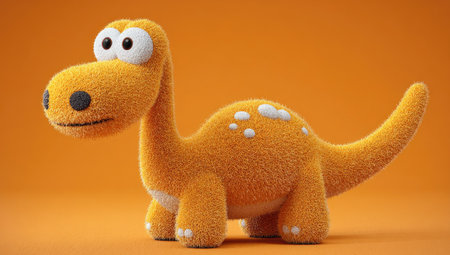 A vibrant cartoon dinosaur toy is presented against an orange backdrop. The plush toy features a soft, textured appearance with an orange hue and contrasting white spots. The composition highlights the creature with soft lighting. This image is suitable for educational materials, children's content, and various design projects.の素材