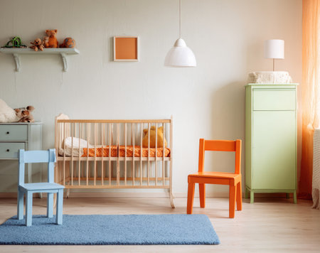 A well-lit interior showcases a nursery with a wooden crib, colorful chairs, and a pale green cabinet. Soft natural light illuminates the room, highlighting the textures of the furnishings. The scene suggests a calm, inviting space suitable for family-oriented visuals or lifestyle content.の素材