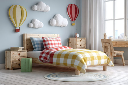 A well-lit child's bedroom showcases a bed with a colorful checkered quilt. The room is decorated with decorative hot air balloons and fluffy cloud-shaped ornaments. The composition highlights a comfortable space with natural light. This image is suitable for various commercial uses, including interior design and lifestyle themes.の素材