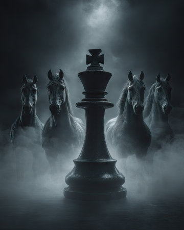 The image showcases a chess king piece at the forefront, with several horse figures partially obscured by fog. The composition employs a dark color palette with a prominent central focus. The image's design evokes concepts of strategy, leadership, and power, making it appropriate for diverse commercial and editorial applications.の素材