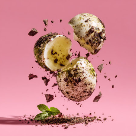 An overhead shot showcases a chocolate egg, its shell cracked open, revealing a yellow interior. The egg is suspended in the air with dark chocolate fragments scattered around. A few green mint leaves rest below. The vibrant pink backdrop suggests a studio setting, suitable for promotional material.の素材