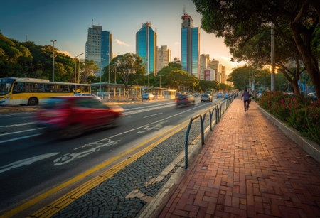 An urban scene depicts a city street with blurred motion from vehicles, alongside a pedestrian walkway. The composition highlights a dynamic interaction of movement and stillness. Warm sunlight bathes the scene, creating a rich color palette. This image is suitable for commercial use, offering visual interest for projects.の素材