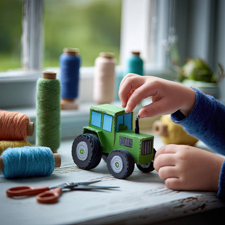 A child's hands interact with a green toy tractor surrounded by colorful spools of thread. The composition features a shallow depth of field, natural lighting, and a soft focus. This image could be suitable for illustrating concepts of childhood, crafts, and hobbies. It may also be used in educational or editorial content.の素材