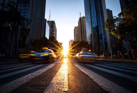 The image captures a city street with blurred cars in motion, framed by tall buildings. Sunlight streams down the road, creating a strong contrast. The composition highlights lines and angles. It may be suitable for illustrating urban environments or conveying movement. The photo could be used for various commercial projects.の素材