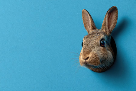 A close-up captures a rabbit's head against a solid blue backdrop. The animal displays textured brown fur and alert eyes. The image has a studio style and uses even lighting, which helps to isolate the subject. Potential uses include promotional materials and editorial content focused on animals.の素材
