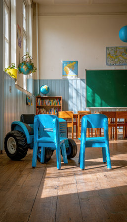 An interior shot showcases a classroom setting with a toy tractor and two blue chairs. The composition features wooden floors, a green chalkboard, and various educational elements. The lighting suggests a bright day, suitable for diverse editorial and commercial applications.の素材