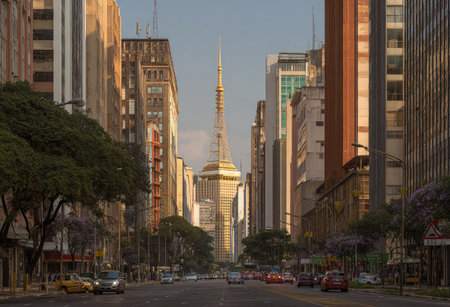 An urban scene features numerous tall buildings lining a street, creating a cityscape. The composition shows the buildings' various architectural styles, with cars driving on the road. The lighting indicates morning or evening, enhancing the visual impact. Suitable for commercial projects or editorial content.の素材