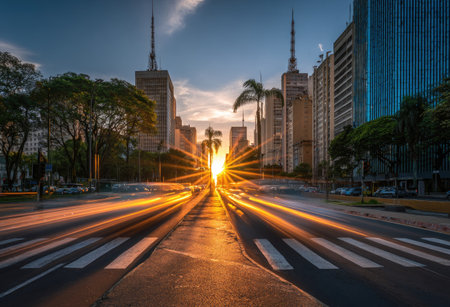 A striking cityscape presents high-rise buildings along a street, illuminated by the warm light of the setting sun. The photograph features long exposure streaks from vehicles, a clear sky, and vibrant colors. It suggests a metropolitan area during the golden hour, suitable for commercial projects or editorial applications.の素材
