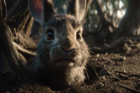 A close-up shot showcases a rabbit, its fur texture and attentive eyes. The image has a warm color palette with natural lighting. The composition suggests an outdoor environment. Suitable for editorial and commercial use, this image can be used for various purposes.の素材