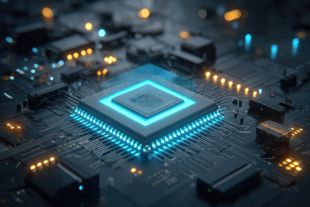 A detailed image showcases a circuit board with a central, glowing processor. The composition features various components arranged on a dark surface, highlighted by blue and yellow lighting. This high-tech aesthetic suggests advanced computing and could be utilized for design, technology, or scientific projects.の素材