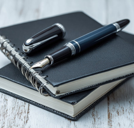 A close-up photograph displays a fountain pen atop a closed, dark-colored notebook. The pen, featuring silver accents and a black grip, sits beside its cap. The image showcases a professional theme with a focus on writing and stationery, suitable for various editorial and commercial applications. The composition is lit naturally, creating a clear visual.の素材