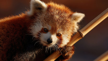 A red panda is perched on a bamboo branch, its reddish-brown fur contrasted by white facial markings and bright eyes. The image is bathed in warm sunlight, creating a soft focus and highlighting the animal's features. This image could be used for various purposes, including wildlife publications or educational materials.の素材