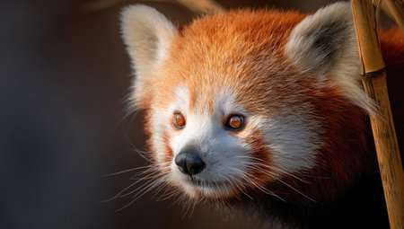 A close-up captures a red panda with vibrant orange and reddish fur, showing detailed textures. Its attentive eyes and dark nose provide strong focal points. The composition uses natural lighting, highlighting the fur's depth. Suitable for various projects including environmental awareness or animal conservation.の素材