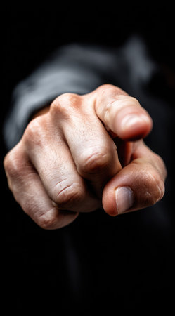 A close-up image showcases a hand with a finger extended forward. The hand is the focal point, set against a dark, blurred background. The image has neutral tones and uses strong lighting. Suitable for illustrating ideas of direction, decision, or the concept of selection. May be used in advertising or editorial projects.の素材