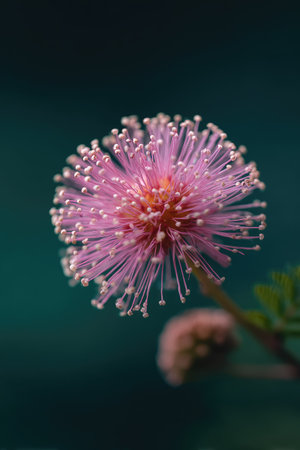 A vibrant pink flower is displayed in sharp focus, its delicate details catching the light. The composition features a shallow depth of field against a dark teal background. This image conveys a sense of natural beauty. The photo is suitable for a variety of editorial or commercial applications.の素材
