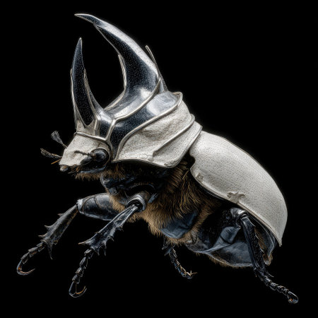 A detailed image captures a rhinoceros beetle, its exoskeleton appearing metallic and meticulously crafted. The insect is set against a stark, black backdrop, highlighting its intricate form. The composition emphasizes textures and details. This image is suitable for various commercial uses, including advertising and educational materials.の素材