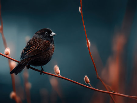 A dark-colored bird is perched on a slender branch with small buds. The bird's feathers display intricate textures. The composition uses a shallow depth of field, blurring the background into shades of teal. The image's lighting is soft, possibly taken in a natural environment suitable for various commercial uses.の素材
