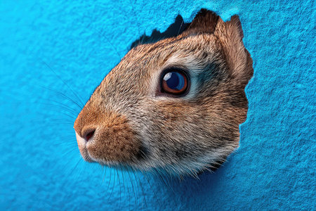A rabbit's head is showcased emerging from a bright blue backdrop. The image reveals detailed fur texture and a prominent eye. The composition employs a shallow depth of field. This conceptual image may serve as a visual element in various design projects or marketing campaigns, offering versatility for creative applications.の素材