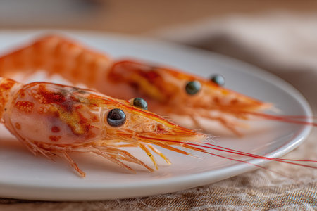 Two cooked shrimp are presented on a white plate, showing their reddish-orange color and intricate textures. The composition offers a close-up perspective, highlighting the details of the crustaceans. The lighting appears soft, indicating an indoor setting. This image is suitable for use in food-related publications and commercial projects.の素材