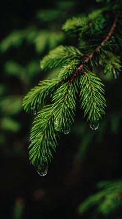 A close-up captures a vibrant evergreen branch laden with glistening water droplets. The image showcases the detailed texture and rich green hues of the foliage. The composition uses shallow depth of field, with a dark background. This image can be used for environmental, nature, or seasonal design projects.の素材