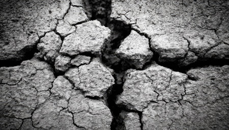 This image presents a close-up of a cracked earth surface, showing a deep fracture. The composition features a textured, monochrome appearance with stark contrasts and shadows, creating a dramatic visual effect. The photograph suggests a dry, arid environment and may be suitable for illustrating concepts such as geological studies or environmental concerns, suitable for various commercial uses.の素材
