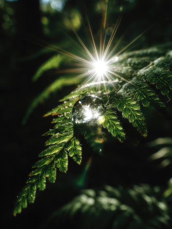 A close-up captures a fern frond with a prominent water droplet, illuminated by sunlight creating a radiant effect. The vibrant green foliage contrasts with the dark background, highlighting the droplet's reflective qualities. This image could be suitable for nature-themed projects, environmental campaigns, or artistic purposes, offering visual appeal.の素材
