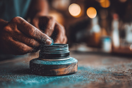 A detailed image shows a person's hand interacting with a small inkwell. The composition highlights the inkwell's form, emphasizing its texture and the interplay of light. Soft focus and shallow depth of field create an atmospheric, inviting mood. Ideal for use in projects related to writing, artistic endeavors, or creative processes.の素材