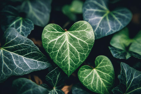 This image showcases heart-shaped leaves amidst other green foliage, featuring a close-up perspective. The leaves display intricate vein patterns and a variety of green hues, creating a textured surface. The composition is likely captured outdoors with natural lighting. This image is suitable for various commercial and editorial applications.の素材