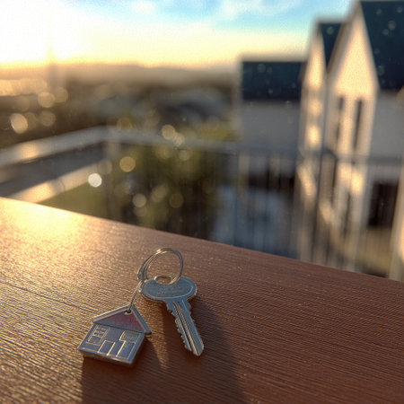 A close-up captures a set of keys resting on a wooden surface, with a house-shaped tag attached. The composition features a blurred background, suggesting a suburban environment with buildings. The scene is illuminated by soft daylight, potentially suitable for real estate or property-related visual content.の素材