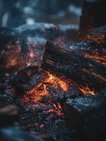 This image showcases a close-up view of burning firewood with vibrant orange embers. The composition features a textured wooden log against a dark, blurred backdrop, suggesting an outdoor setting at dusk. The warm tones contrast with cooler colors, creating a visually compelling display suitable for editorial or illustrative purposes.の素材