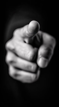 This black and white image features a human hand prominently pointing forward. The photograph displays a close-up perspective against a dark backdrop. The composition is straightforward, emphasizing the hand gesture. Suitable for illustrating concepts like direction, instruction, or selection, and suitable for commercial projects.の素材