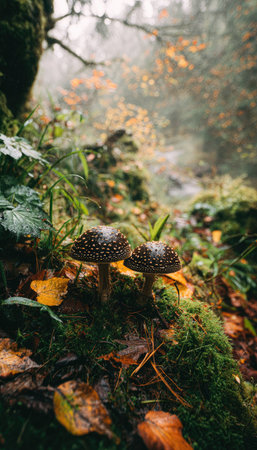 Two mushrooms with dotted caps are showcased amidst lush green moss, fallen leaves, and surrounding vegetation. The naturalistic image utilizes soft lighting and a shallow depth of field, accentuating texture and detail. Suitable for nature-themed illustrations or editorial use, the picture provides visual appeal within a natural setting.の素材