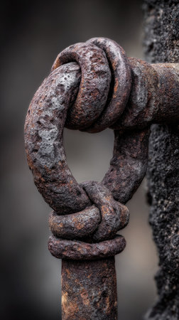 A detailed image presents a rusty metal ring interlocked with a knot. The textured surface shows signs of age and corrosion, displaying shades of brown and gray. The composition features a shallow depth of field, with the background intentionally blurred. Suitable for various visual projects and potential editorial or commercial applications.の素材