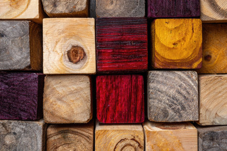 This image showcases an arrangement of square wooden blocks. Each block features unique wood grains and color variations, including red, yellow, and natural tones. The overhead lighting highlights the texture. Ideal for design projects, the image can be used in diverse commercial and editorial applications.の素材