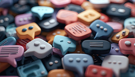 This close-up showcases a collection of 3D speech bubbles in various colors. The objects feature diverse designs, textures, and shadows, indicating a focus on digital communication and online messaging. Suitable for illustrating ideas, concepts, dialogues, and discussions, this imagery lends itself well to various applications.の素材