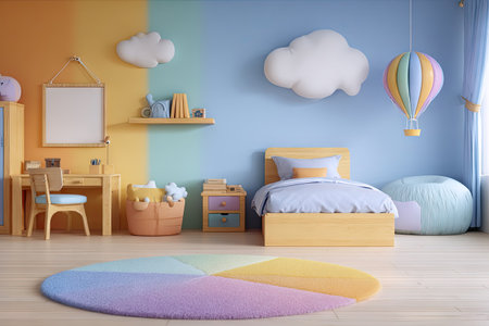 This interior design showcases a vibrant bedroom with playful elements. The scene incorporates a bed, desk, and decorative items. The walls feature a bright color scheme with cloud-shaped decorations and a hot air balloon. The setting suggests an indoor environment suitable for children's spaces and creative projects.の素材