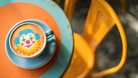 A latte featuring a clown face design sits on a saucer atop a rustic table. The image showcases a vibrant color palette, with orange, blue, and yellow hues. The scene has soft natural light, suggesting an indoor setting. Suitable for commercial or editorial applications related to beverages or art.の素材