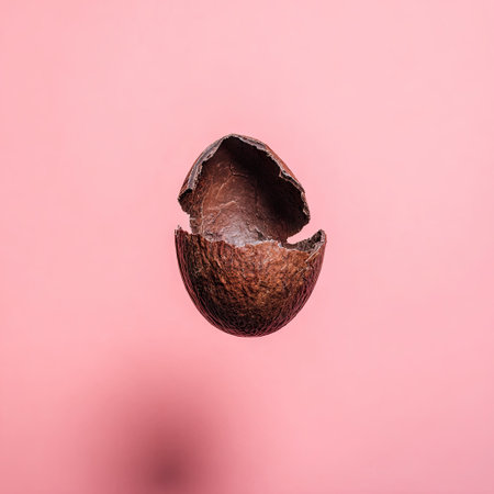 The image presents a split coconut shell against a solid pink background. The shell exhibits a textured, brown surface with visible cracks. Overhead lighting casts soft shadows, enhancing the three-dimensional form. This studio shot could be suitable for various commercial uses, including product promotion or conceptual design.の素材