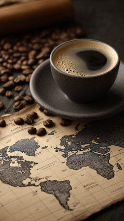 A close-up shot features a ceramic coffee cup on a saucer set upon a vintage world map. Surrounding the cup and map are scattered coffee beans. The composition has soft lighting and a warm color palette suggesting a cozy indoor setting, possibly ideal for commercial or editorial projects related to coffee or travel.の素材