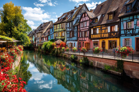 A picturesque scene features a row of vibrant buildings lining a waterway. The architecture showcases various colors and styles, creating a lively visual display. The water reflects the structures and sky, enhancing the overall composition. The image has potential uses in travel, tourism, and editorial projects.の素材