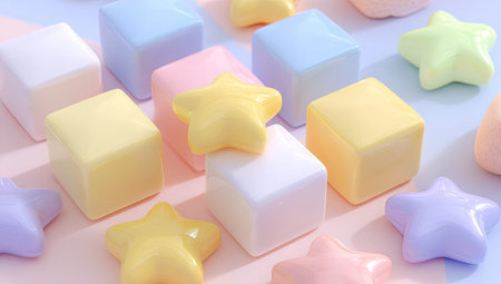 An overhead shot showcases an assortment of pastel-colored cubes and star-shaped objects. The composition features soft lighting and a clean, white background, emphasizing the smooth textures. The arrangement suggests a playful or decorative theme. The image may be suitable for backgrounds, illustrations, or design elements in various applications.の素材