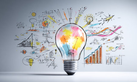 A light bulb is the central element, filled with colorful shapes and surrounded by hand-drawn sketches and charts. The composition features a white backdrop and a focus on the concept of ideas and innovation. This image is suitable for educational materials or business-related visual content.の素材