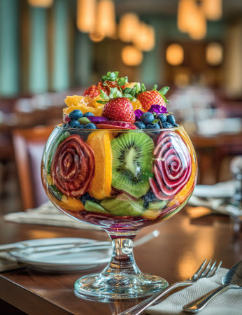 A vibrant fruit cocktail, brimming with a colorful medley of fresh ingredients, sits in an elegant glass. The composition highlights the textures and hues of various fruits, from ripe berries to citrus slices. Soft lighting and a shallow depth of field suggest an indoor setting, suitable for culinary or lifestyle themes.の素材