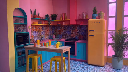 This image showcases a brightly colored kitchen interior, featuring a retro refrigerator and decorative elements. The scene utilizes a vivid palette with turquoise, pink, and yellow hues. The composition includes an oven, a table with stools, and various plants. This image is suitable for use in design projects or editorial content.の素材