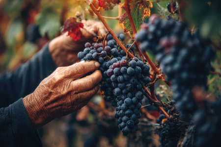 An image captures a person's hands delicately picking dark purple grapes from a vine. The close-up shot highlights the texture of the fruit and the wrinkled skin of the hands. The composition features a natural outdoor environment with soft lighting, suitable for agricultural or culinary themes and can be used for various commercial purposes.の素材