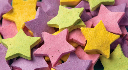 This image showcases an array of star-shaped objects in various colors. The objects have a slightly textured appearance and are arranged randomly. The composition is a close-up, focusing on the details of the forms. The lighting is diffused, and the overall effect is vibrant and appealing, suitable for a variety of visual projects.の素材