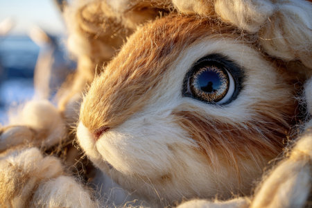 A detailed close-up shows a rabbit's face with light brown and white fur. The animal's large eye features intricate details with a dark pupil. The composition highlights the fur's texture with soft focus and a shallow depth of field, possibly suitable for editorial or commercial applications.の素材