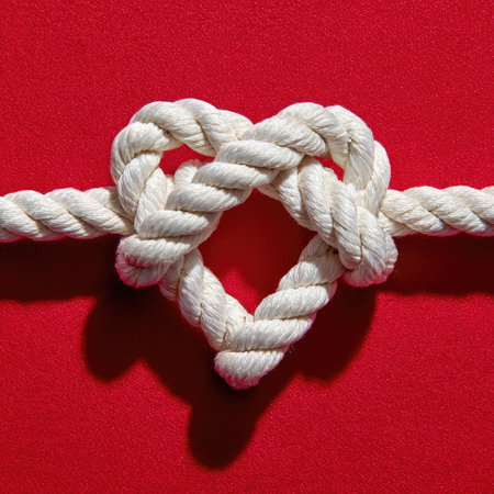 A close-up captures a heart formed from a white rope against a solid red backdrop. The texture of the rope contrasts with the smooth background. The composition features strong symmetry, highlighting the shape. This image could be suitable for various commercial uses related to romance and love.の素材